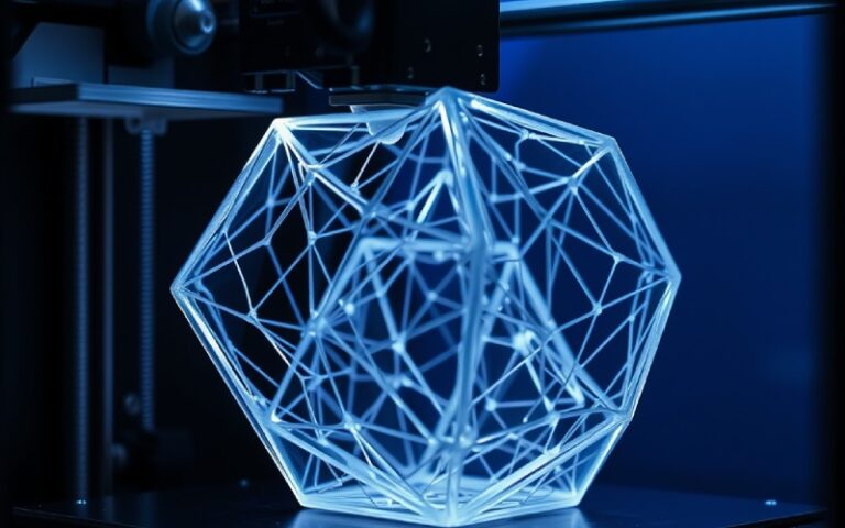 طابعة ثلاثية الأبعاد تنشئ نموذجًا هندسيًا معقدًا بهيكل شبكي مرئي