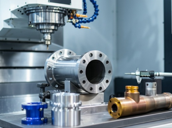 5-axis CNC machine creating complex pipe components from various materials with precision features