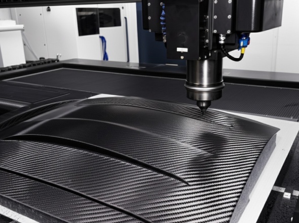 5-axis CNC machine precisely cutting complex carbon fiber composite part
