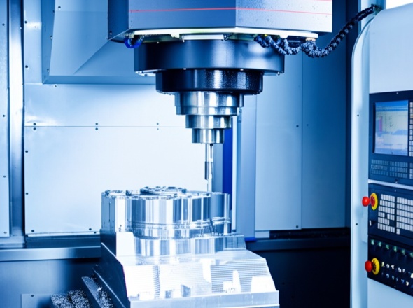 5-axis CNC milling machine creating complex part with multiple surface finishes