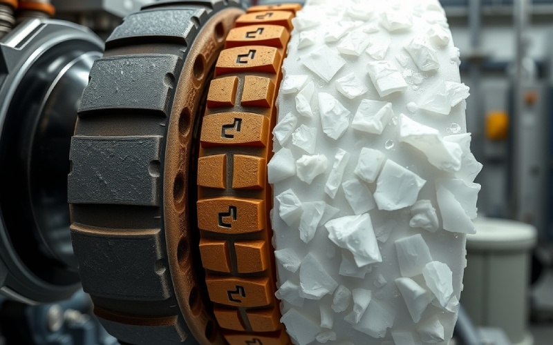 Prueba de abrasión que demuestra la durabilidad del uretano en comparación con el caucho y el plástico