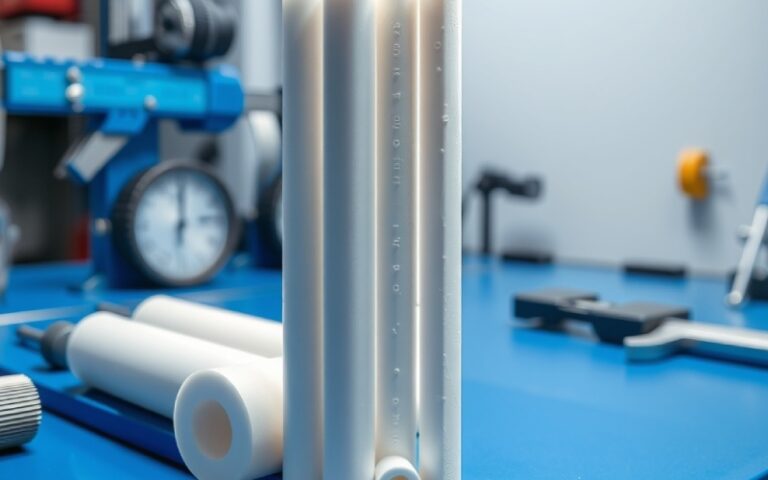 Perbandingan batang plastik asetal dan Delrin di meja kerja teknik