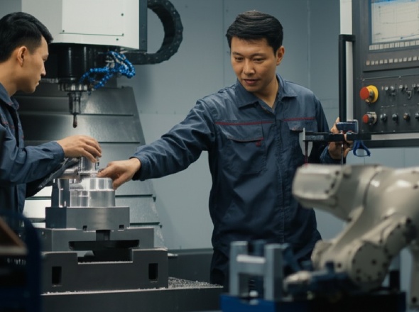 Advanced 5-axis CNC machining creating complex precision robot components