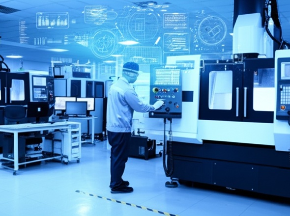Advanced CNC machining facility with robotics digital twin simulation and IoT connected equipment