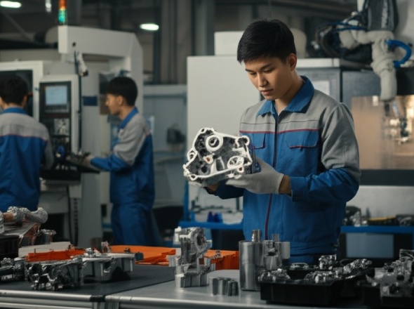 Automotive CNC machining experts examining precision parts in modern facility