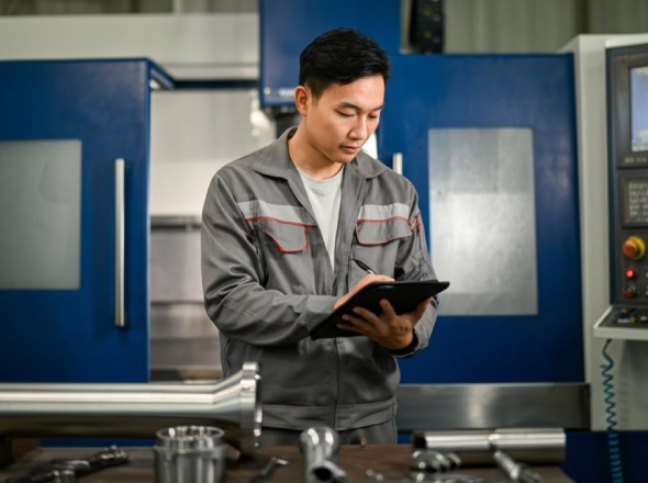 CNC machining expert reviewing precision tube component with digital design