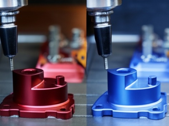 CNC part finishing processes showing anodizing, heat treating, surface grinding, and powder coating