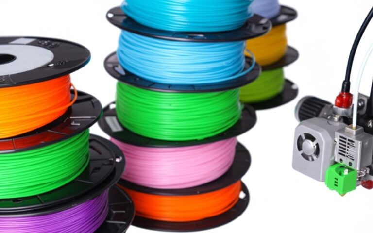 Coloridas bobinas de filamento PLA dispuestas en forma de arco iris