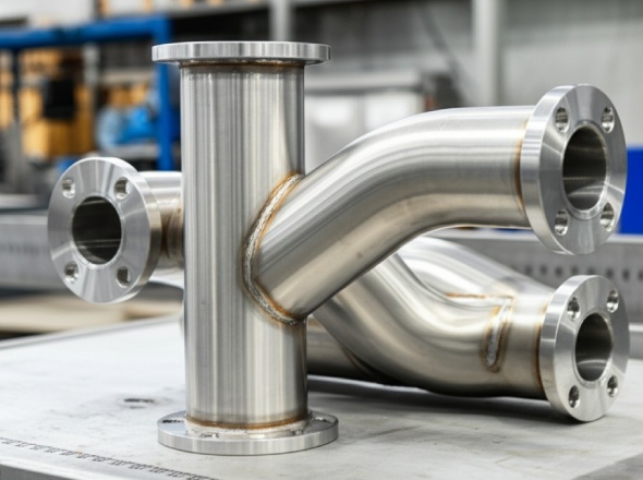 Complex stainless steel pipe manifold with precision machined connections