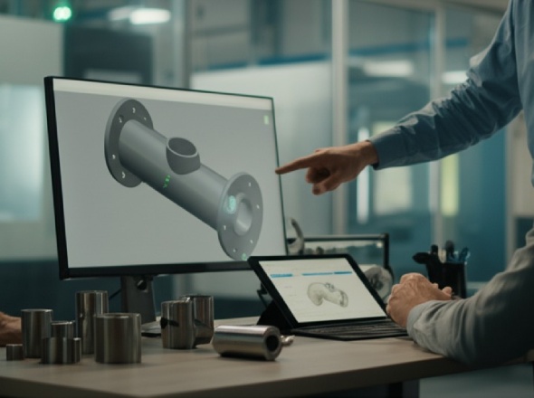 Engineer consulting with customer on pipe design specifications