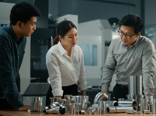 Engineering team reviewing pipe samples and designs in consultation meeting