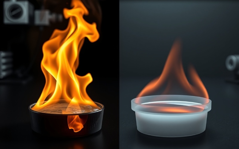 Flammhemmender thermoplastischer Kunststoff im Vergleich zu Standardkunststoff im Brandtest