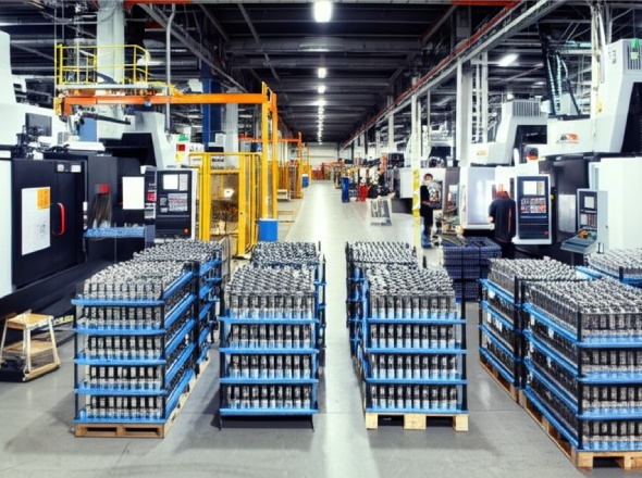 Large-scale CNC machining facility producing identical precision components in high volume