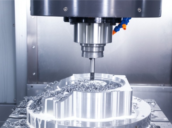 Modern 5-axis CNC machine cutting complex metal component