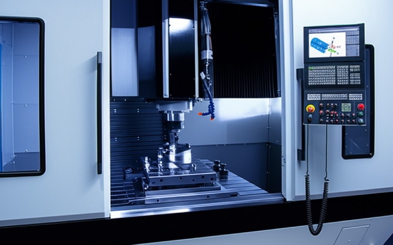 Modern 5-axis CNC machine cutting complex metal component