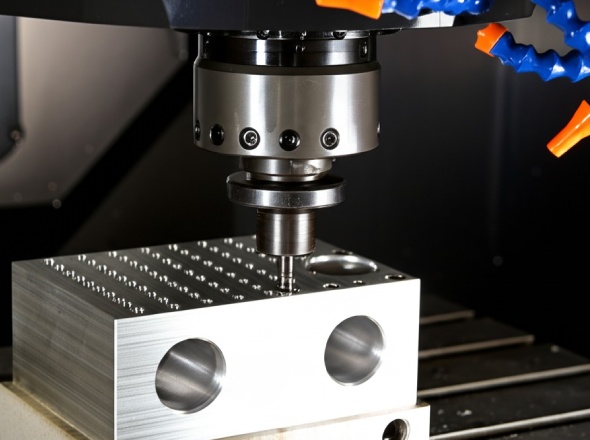 Multi-axis CNC machine demonstrating specialized drilling techniques on metal workpiece