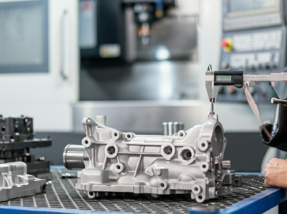 Precision CNC machined automotive components undergoing quality inspection