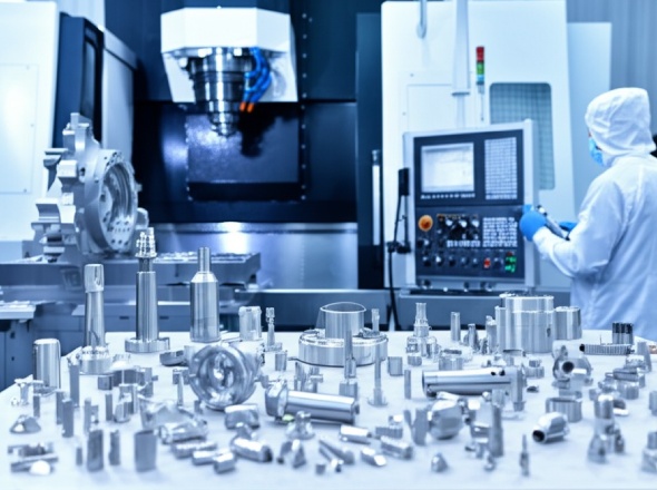 Precision CNC titanium machining showing diverse part sizes