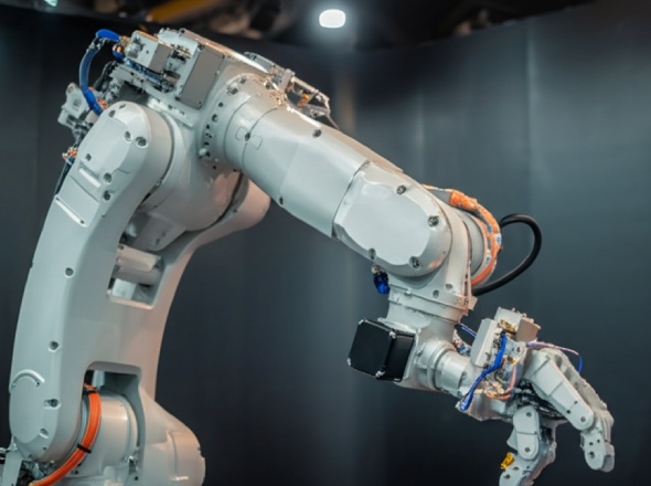 Precision-engineered industrial robot arm with articulated joints