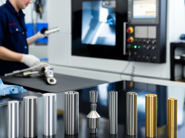 Precision-machined parts in various materials including aluminum, steel, titanium, Inconel, plastics, and brass