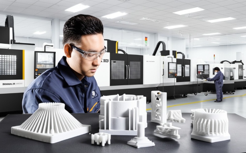 Professional CNC machining facility with skilled technician inspecting precision parts