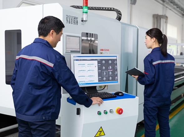 Professional CNC plasma cutting operation with quality inspection