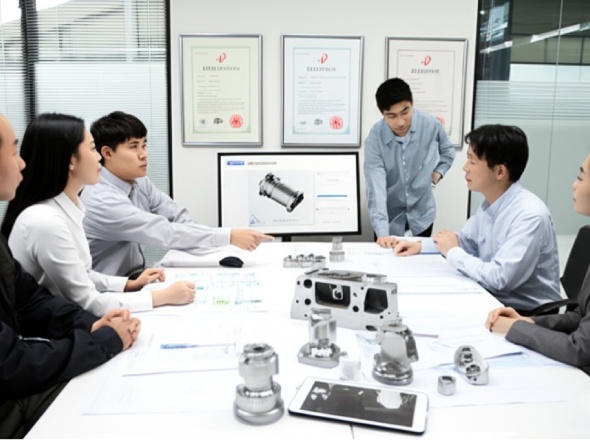 Professional steel CNC machining experts collaborating on precision component design