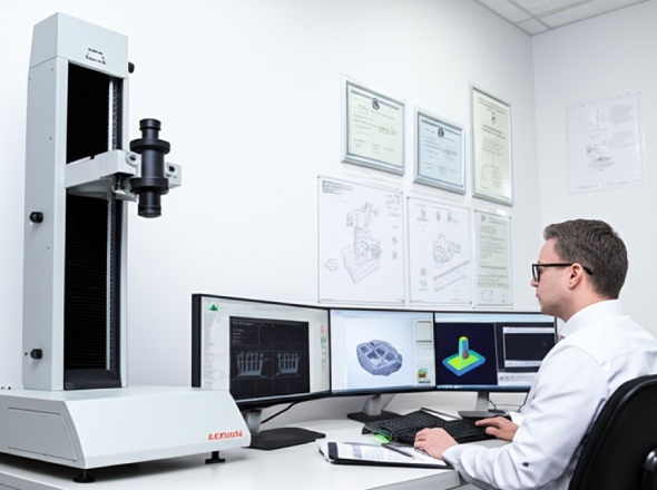 Quality assurance technician inspecting CNC machined part