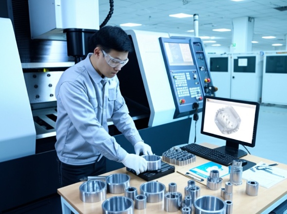 Quality control technician using CMM to inspect precision CNC-machined part