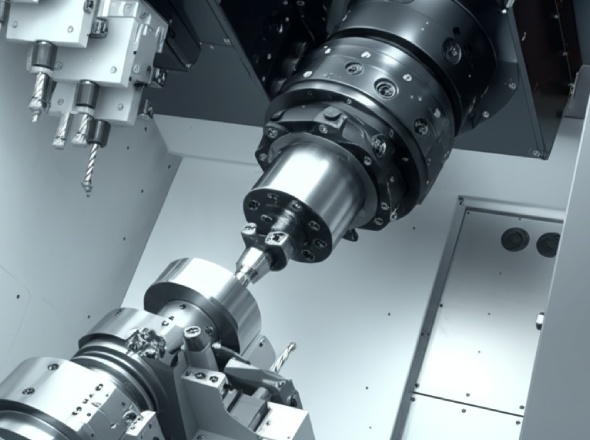 Swiss machine cutaway showing sliding headstock guide bushing and multiple tool operation 1