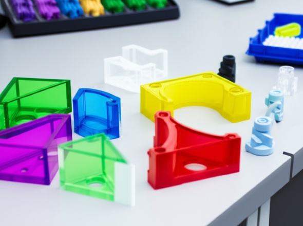 Technician inspecting precision machined plastic prototypes in professional CNC workshop