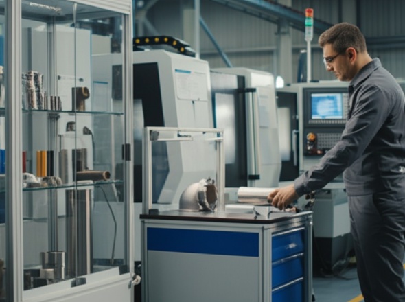 Technician performing quality inspection on precision machined pipe component