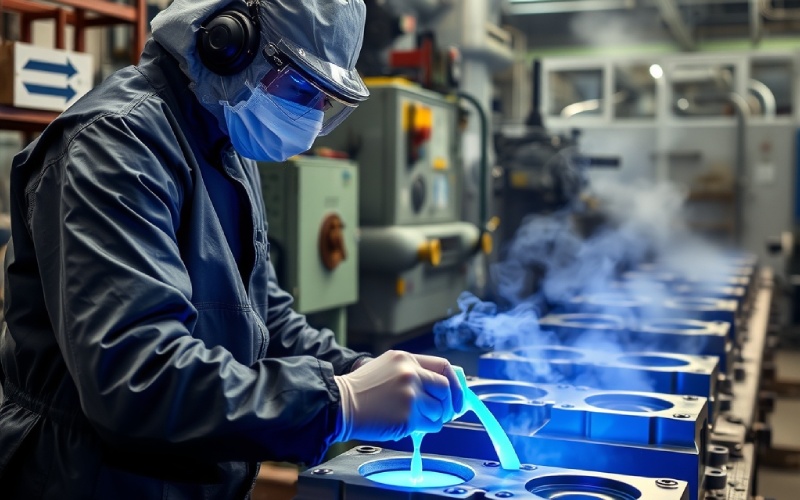 Proceso de fabricación del uretano mostrando la técnica de fundición y los protocolos de seguridad