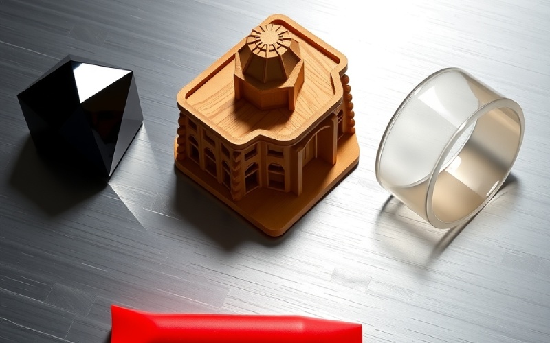 diversi oggetti di prova stampati in 3D e realizzati con filamenti diversi