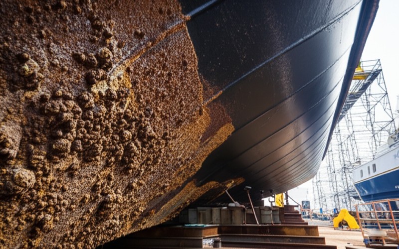 Before and after media blasting on marine vessel hull