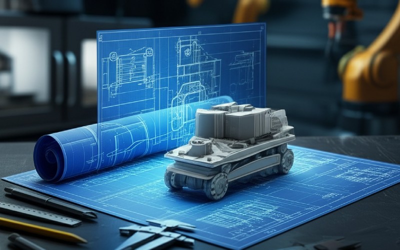 Engineering blueprint transforming into manufactured product