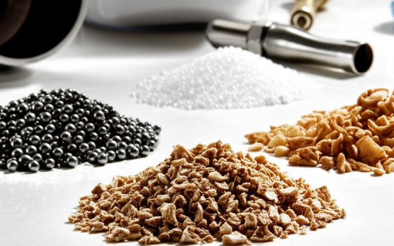 Various media blasting abrasives showing different material options