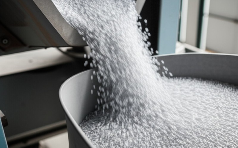 Raw plastic pellets in a hopper