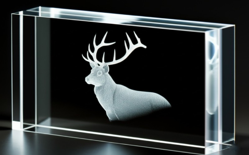 Finished laser engraving of a stag on clear acrylic