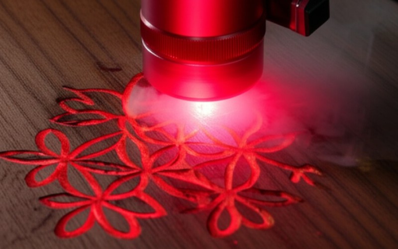 Focused laser creating a floral design on wood