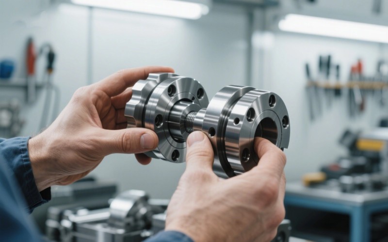 Hands assembling precise machine parts