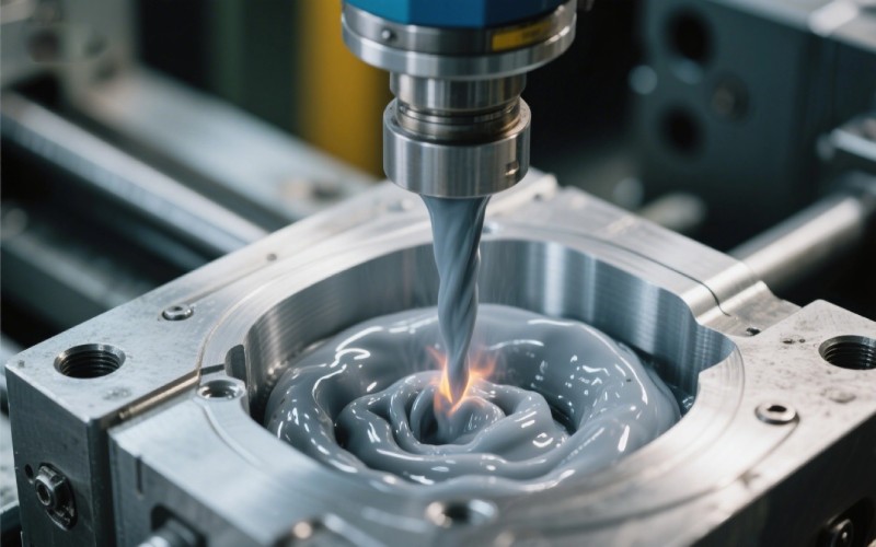 Molten plastic entering an injection mold