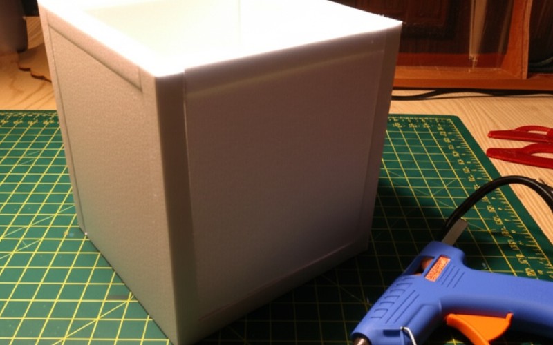 Partially assembled foam core box with glue gun