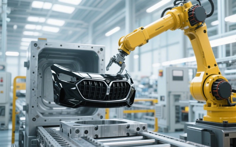 Robotic arm holding a plastic car grille