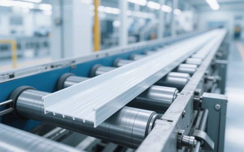 A continuous extruded plastic profile on a production line