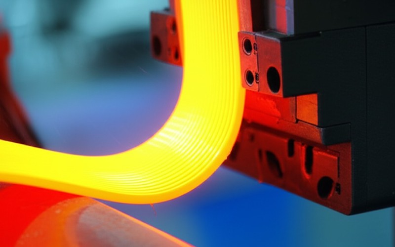 Molten plastic being shaped by an extruder die