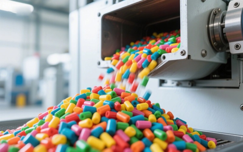 Raw plastic pellets entering an extruder machine