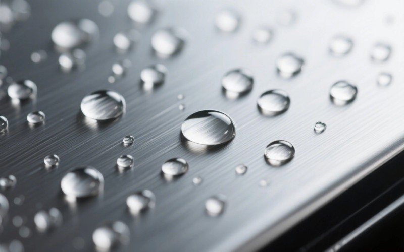قطرات الماء على سطح الفولاذ المقاوم للصدأ