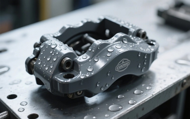 Water drops on a coated brake caliper