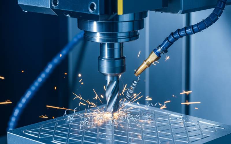 Primo piano di una macchina CNC che taglia il metallo